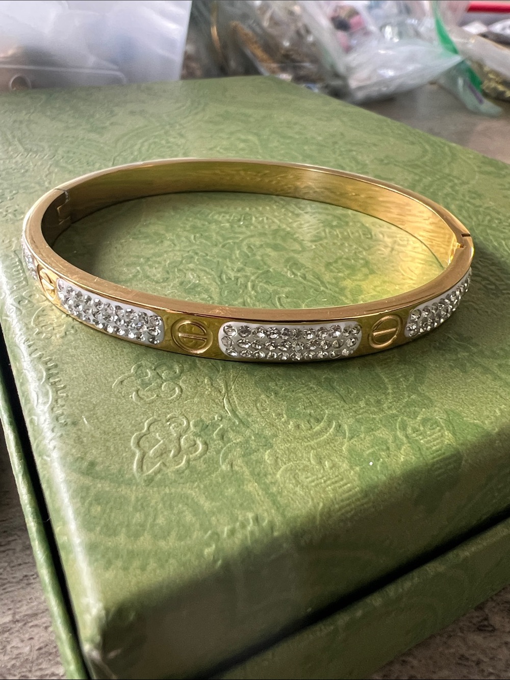 Stainless steel plated 18k gold Crystal Accent Bangle Bracelet jewelry bling